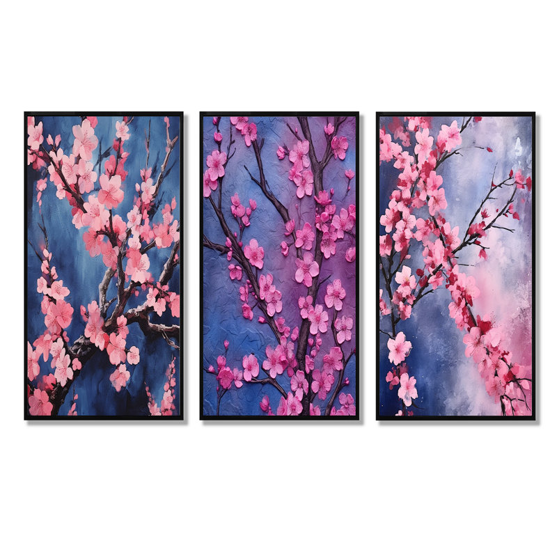 Symphonie de cerisiers roses et bleus, Cadre flottant noir, H 32 po x l 48 po
