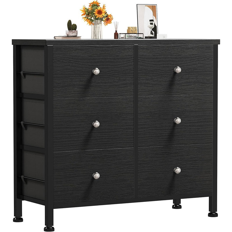 Commode noire pour chambre à coucher avec commode 6 tiroirs et commode en tissu