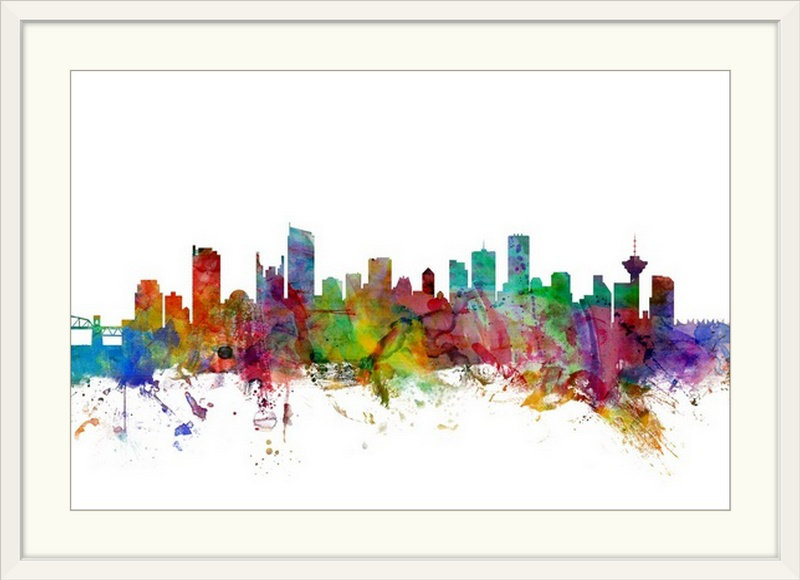 «Vancouver Canada Skyline» par Francy, impression, H 32 po x l 44 po x P 1 po, Cadre blanc