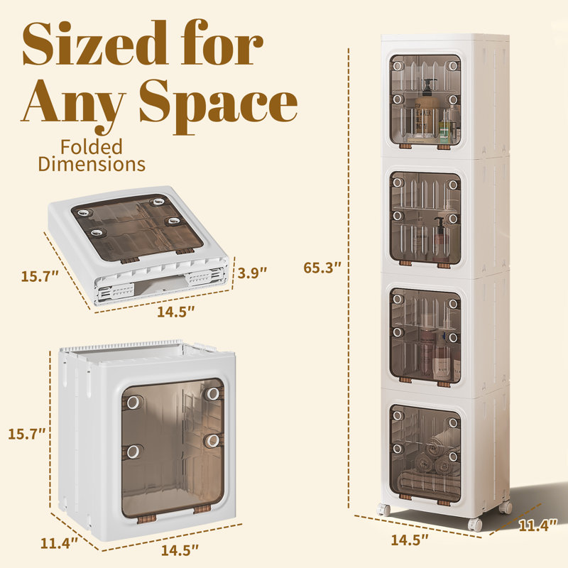 Ensemble de 4 boîtes de rangement pliables et empilables avec portes et roues, organisateur pliable pour chambre à coucher, placard, salon, bureau