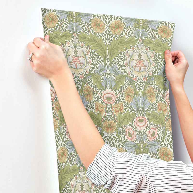 Myrtle Dark Green Floral Ogee Wallpaper, Light Green