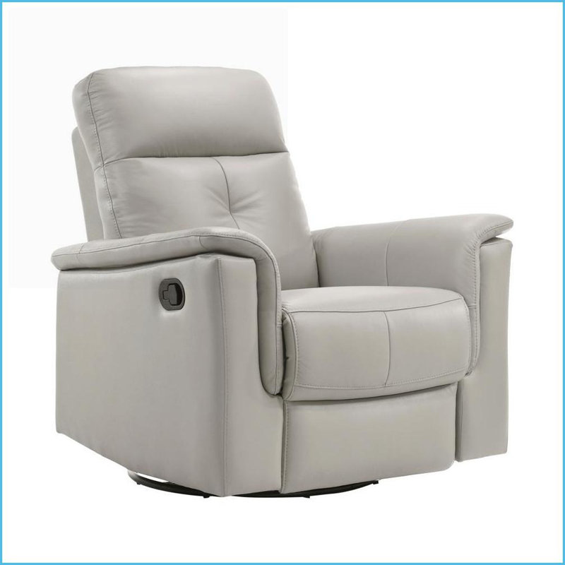 Recliner, Modern Silver Top Grain Leather Swivel Glider with Manual Pull-Tab | Silver | Solid Wood,Plywood