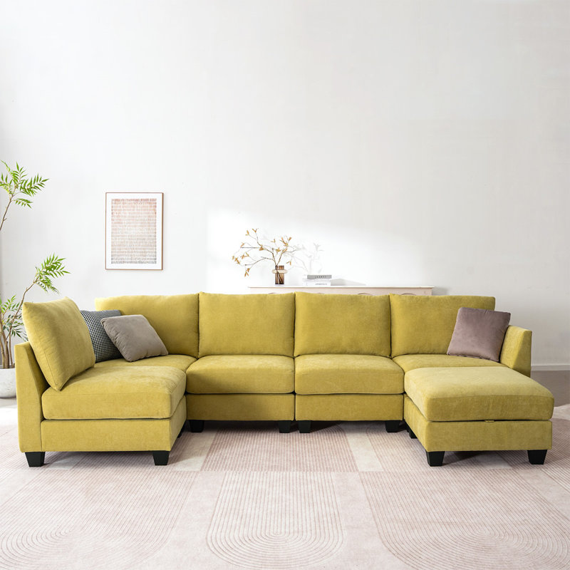 Canapé modulaire de 124 po avec repose-pieds, Jaune
