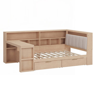 L-shaped Wooden Daybed with Desk and Storage Bookcase, Corner Bed with Upholstered Headboard and Under-bed Drawers and LED Light for for Bedroom Livin by Red Barrel Studio