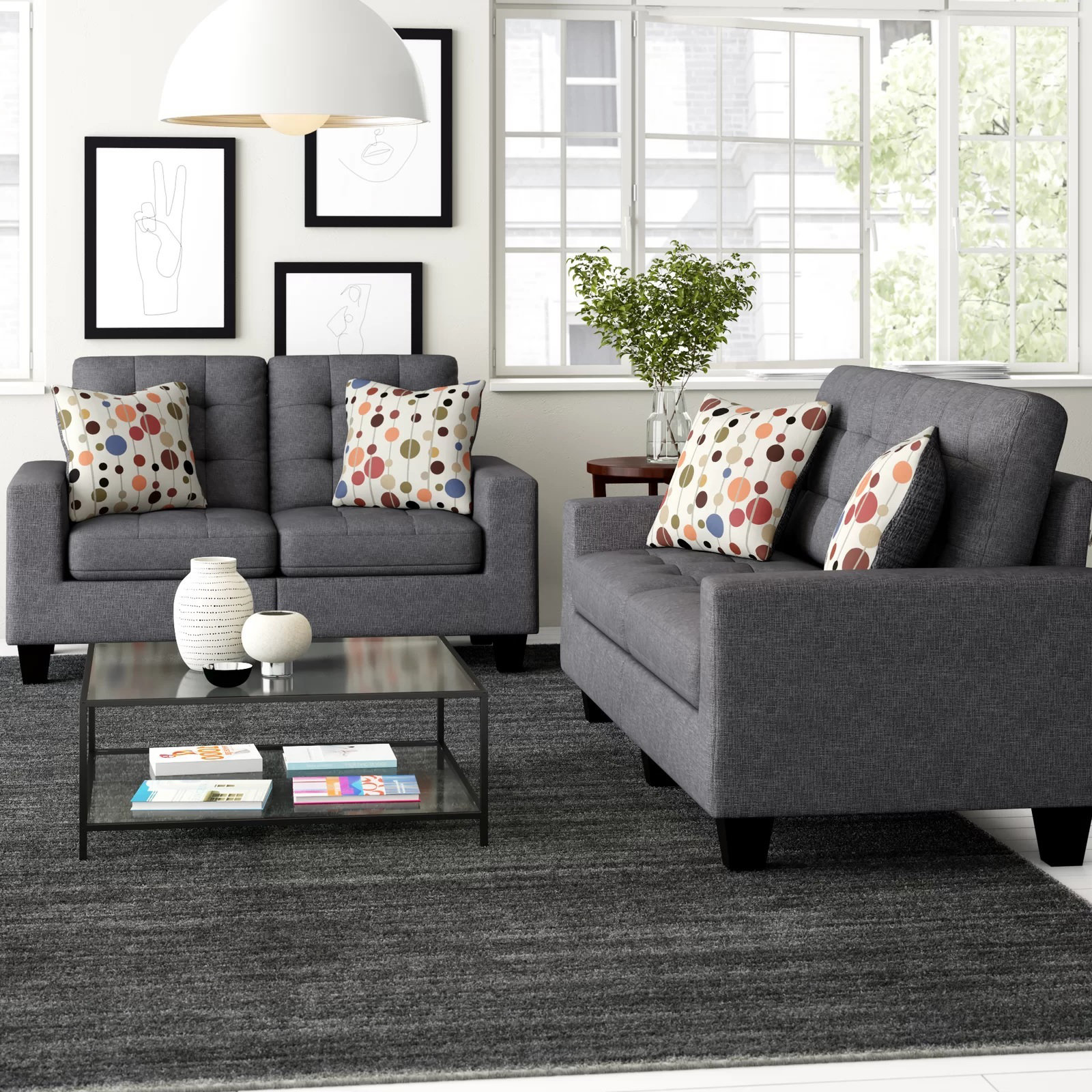 Living Room Furniture 2pc Sofa Set Black Polyfiber Tufted Sofa Loveseat with Pillows Cushion Couch Solid Pine Latitude Run