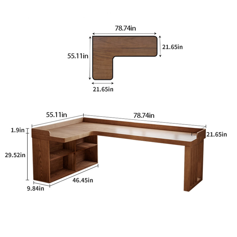 Modern L-Shaped Solid Wood Desk with Bookshelf, 31.42" H x 78.74" W x 55.11" D, Left