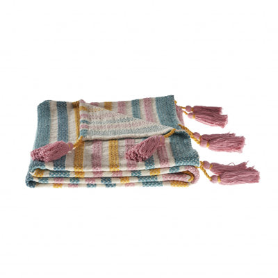 Jeté rayé en coton tissé bleu et rose
