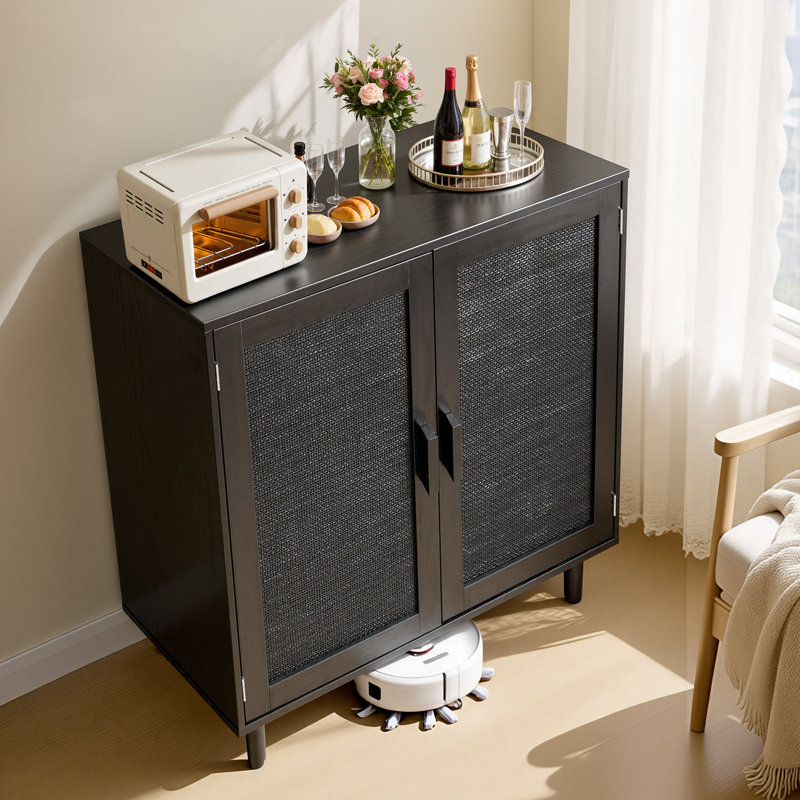 Rattan Cabinet, Rattan Storage Cabinet with 2 Magnetic Doors and Adjustable Shelves, Accent Sideboard Buffet with Wooden Legs & Power Cord Hole for Hallway, Entryway, Living Room, Kitchen, Black