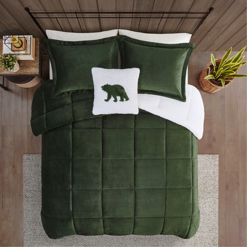 Ensemble d'édredon Plush To Sherpa, Vert/Ivoire, Édredon grand et 3 pièces supplémentaires