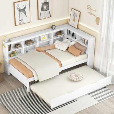 Lit de jour simple en bois blanc avec lit gigogne escamotable, rangement de charge et double couche, bois de pin, structure, peu encombrant, poids du lit de 350 lb, tablette de rangement à 10 lattes, blanc, capacité, matelas de 6 po recommandé
