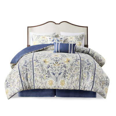 Édredon en coton 6 pièces pour grand lit, imprimé botanique bleu et jaune pour une nuit de repos paisible, tout doux
