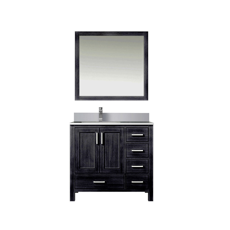 Meuble-lavabo 36 po X P 22 po D, dessus en quartz blanc décalé à gauche, ensemble de robinet et Miroirs, Gris patiné