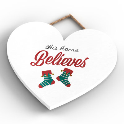 Xmas This Home Believes Stockings Wooden Heart Plaque