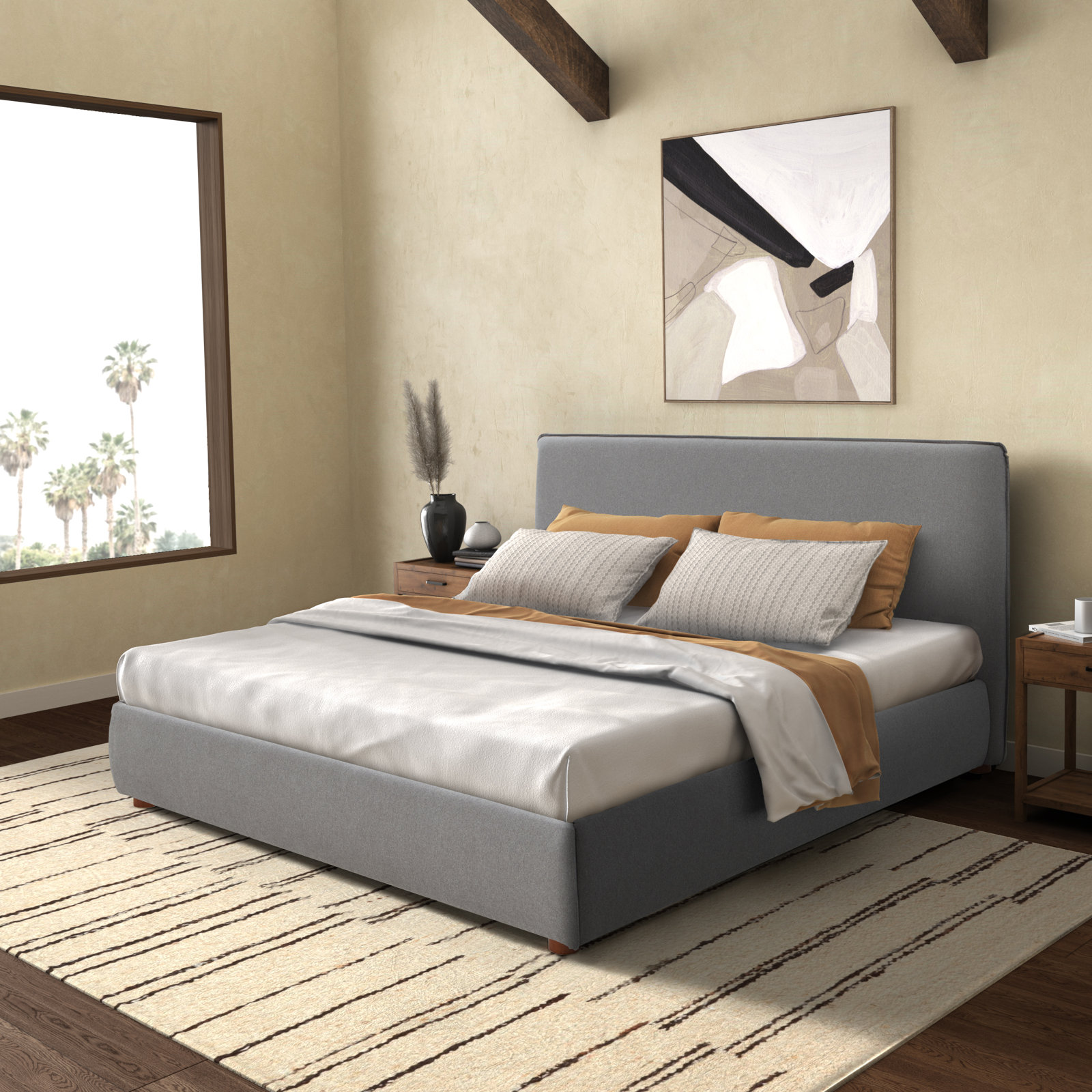 Callahan Upholstered Bed, King, Light Gray Linen