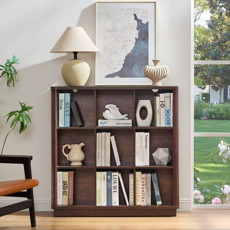 9 Cube Storage Book Shelf, 41" Tall Organizer Bookcase With Curved Edge, Wood Floor Standing 3-Tier Cubby Bookshelf With Base, Vintage Display Book Case For Bedroom, Office
