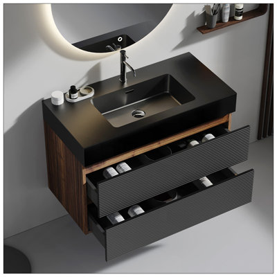 Meuble-lavabo 36 po en noyer avec lavabo en quartz noir mat et tiroirs noirs doux, meuble-lavabo mural flottant pour salle de bain moderne, sans drain ni robinet, KD 