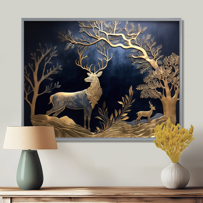 Golden Deer In Forest II, 12" H x 20" W x 1" D, Silver Floater Framed