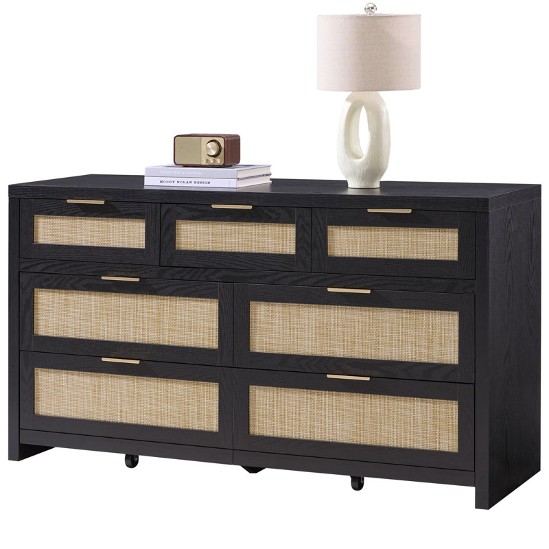 Chada 56.88" W Bohemian Rattan 7-Drawer Dresser With Ample Storage, Black