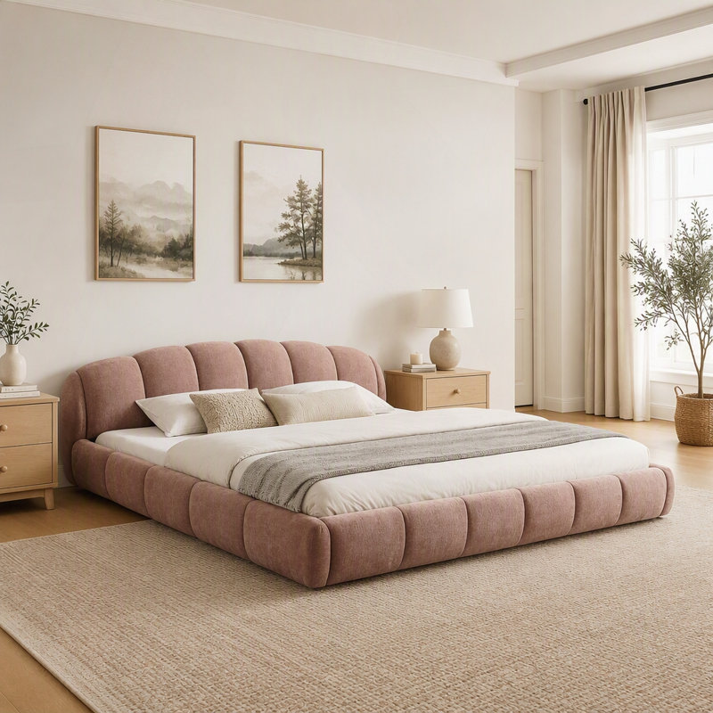 Lit plateforme tapissier Chenille, King, Pink