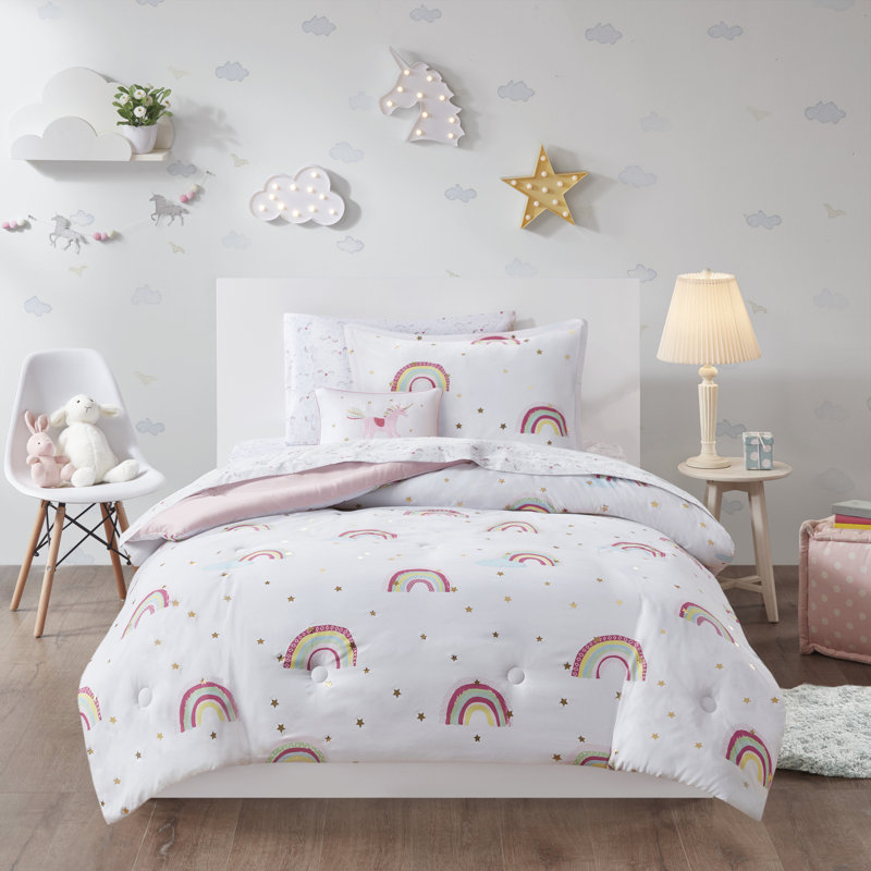 Alicia Rainbow and Metallic Stars Comforter Set with Bed Sheets, White, Twin Comforter + 5 Additional Pieces