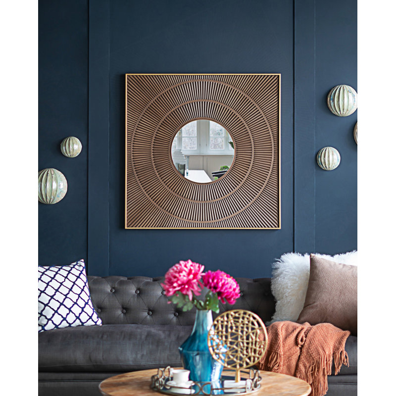 Square Carved Mirror With Pleated Design, Neutral Colorway Wall Decor, Gold/Brown