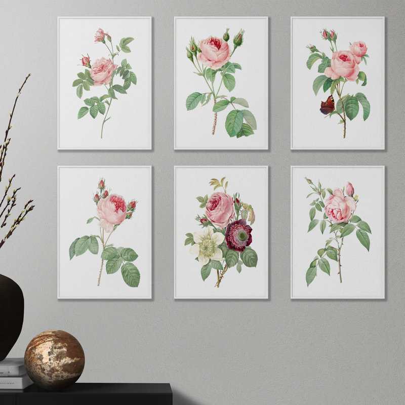 Ensemble de 6 pièces rétro rose floral sur papier, H 4 po x l 6 po