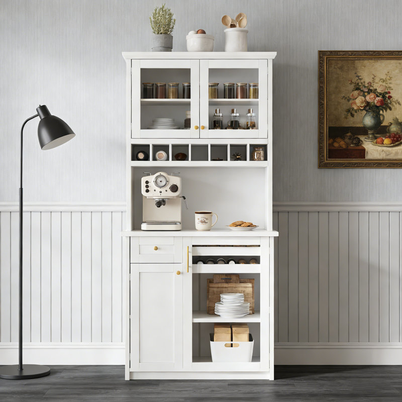 Farmhouse Buffet with Hutch Featuring Adjustable Shelves, Wine Rack, and Tempered Glass Doors for Dining Room Storage., White
