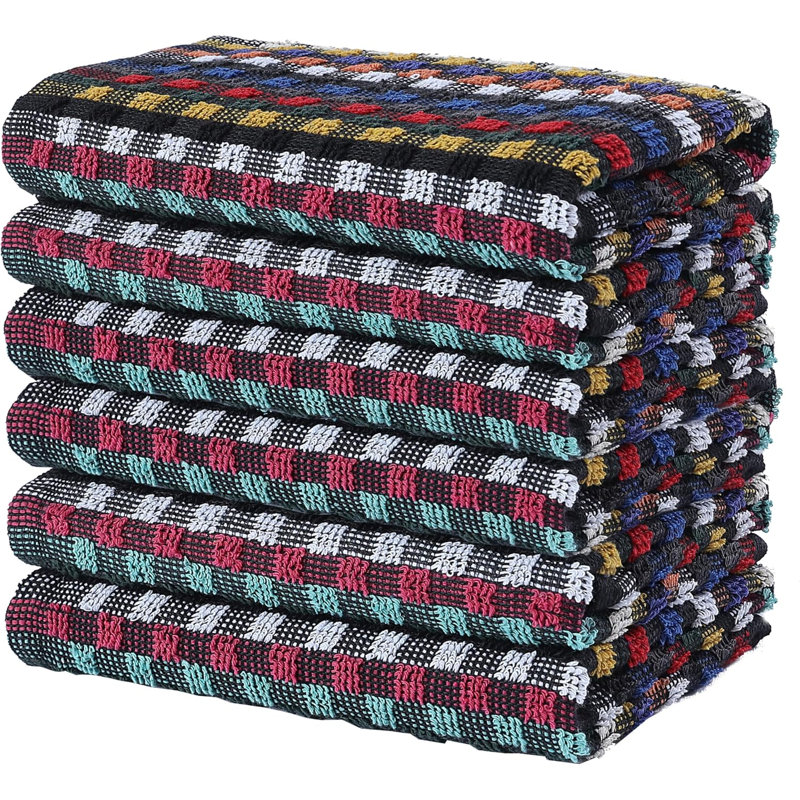 Olivia Rocco 6 PK Multi Check Terry Tea Towels, Black Multi - 6 PK