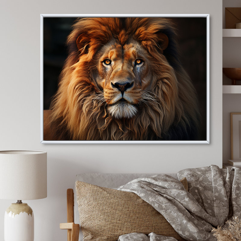 «Lion Portrait - Lion», reproduction sur toile encadrée, H 16 po x l 32 po x P 1 po, Cadre flottant blanc