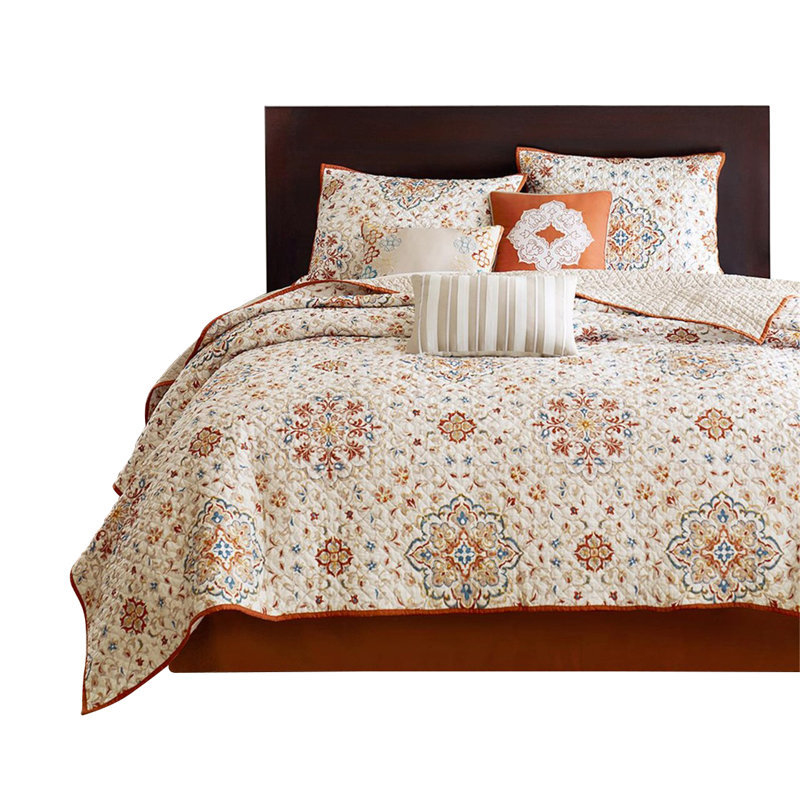 Ivory and Orange Reversible Microfiber Full Quilt Set