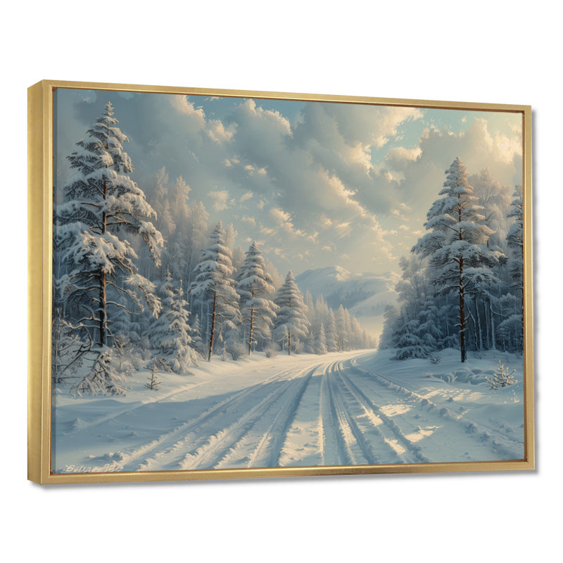 «White Gray Winter Road Into Forest II», art mural paysage d'hiver, Cadre flottant doré, H 30 po x l 40 po