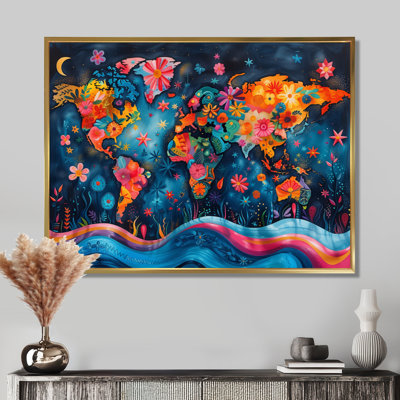 Orange Blue Abstract World Map - World Map Wall Art Living Room