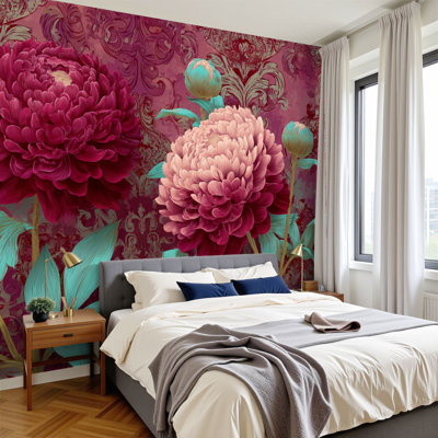 Papier peint adhésif baroque intemporel pivoine bourgogne rose rosé baroque 100 "H x 144" l papier mural amovible en PVC auto-adhésif pour chambre à coucher salon bureau à domicile