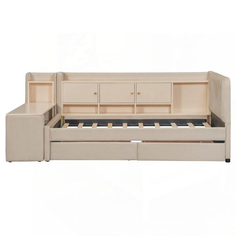Versatile Upholstered Daybed with Multiple Storage Options and Side Table, Beige