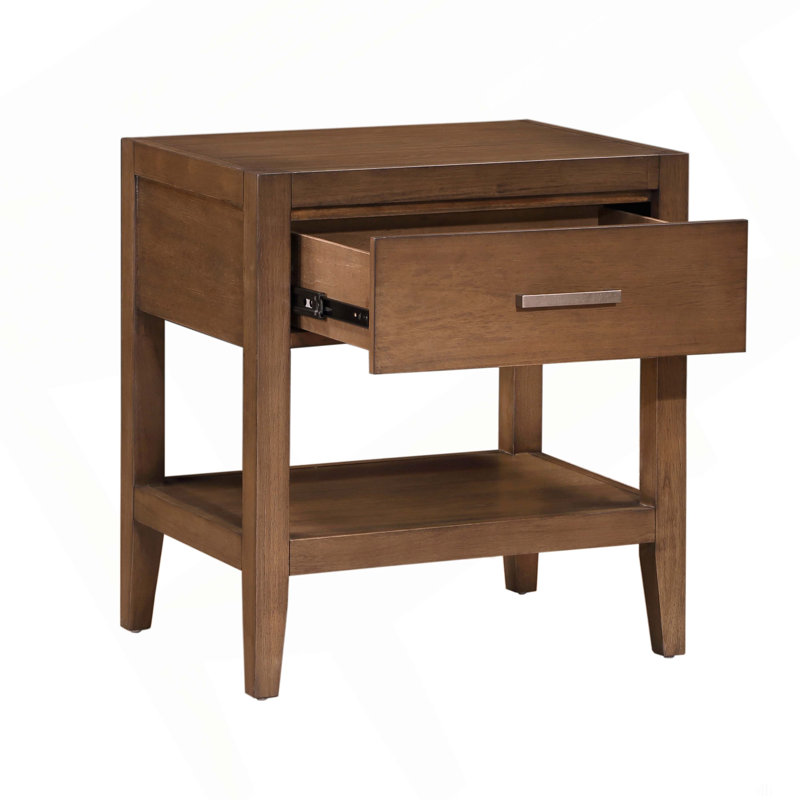Table de chevet transitionnelle 1pc avec tiroir et tablette ouverte brun clair