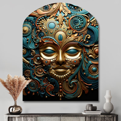 Or bleu sarcelle Mexique vibrant aztèque masque II - arche Mexique décoration murale, sculpture murale asymétrique en métal