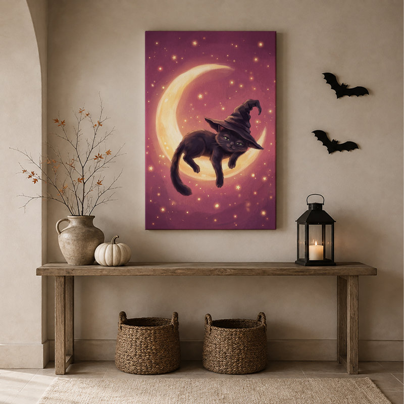 Art mural sur toile, "Chat noir avec chapeau de sorcière sur croissant de lune", H 24 po x l 16 po