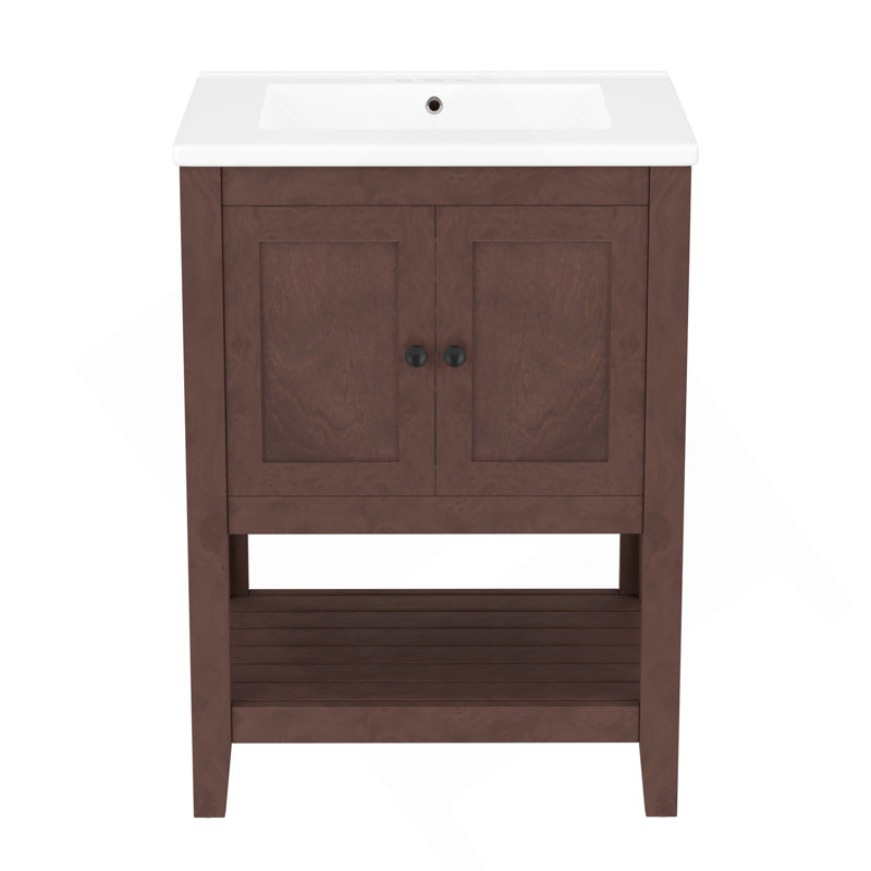 [VIDÉO] Lavabo de meuble-lavabo moderne élégant en céramique 24 po avec cadre ouvert en bois brun, Brun