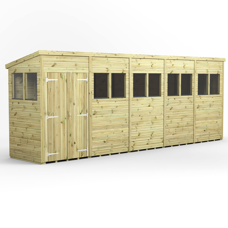 Powersheds 20 x 4ft Premium Pressure Treated Timber Pent Garden Shed, Double Doors