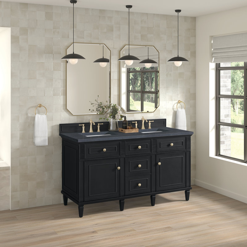 Lorelai 60'' Double Bathroom Vanity with Top, Charcoal Soapstone, Black Onyx, 8" Widespread