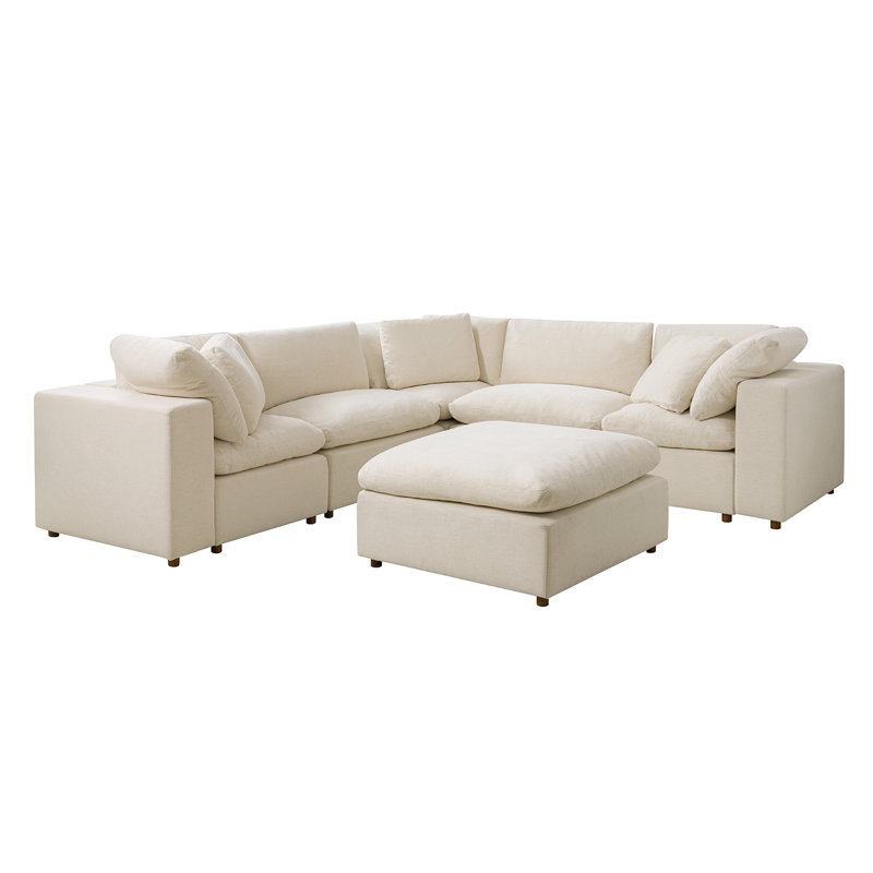 Merritt 118"W Modern Cloud Down Filled Oversized Sectional Couches With One Ottoman, Linen Polyester