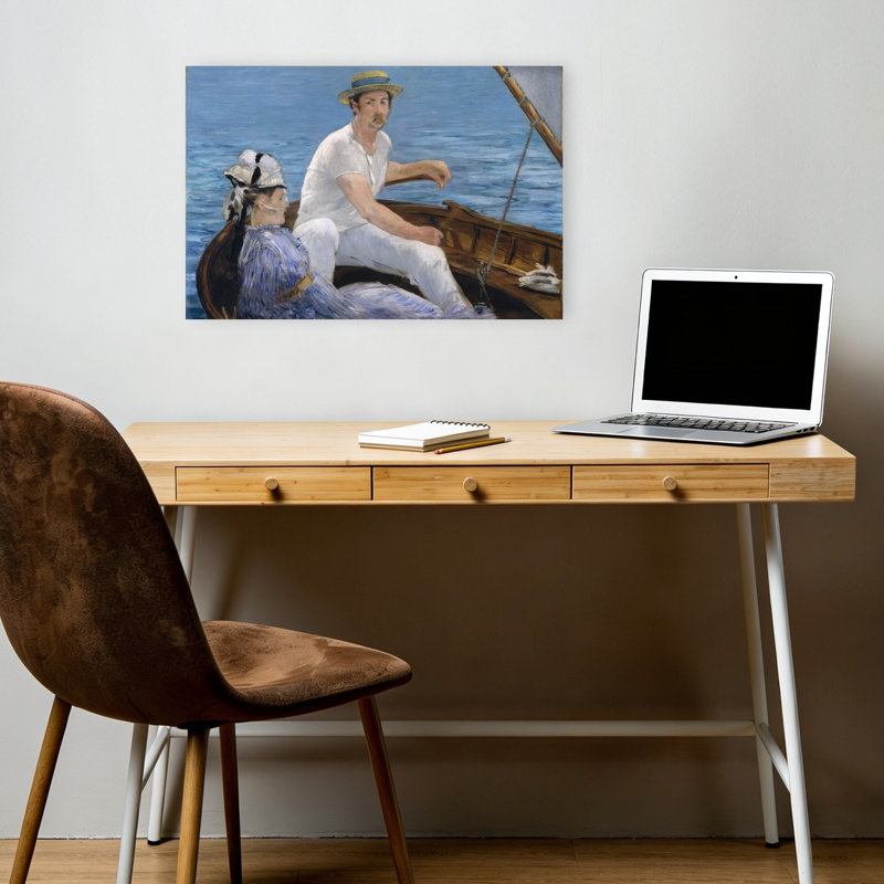 Portrait impressionniste contemporain de 1874 représentant une personne en bateau, H 12 po x l 18 po