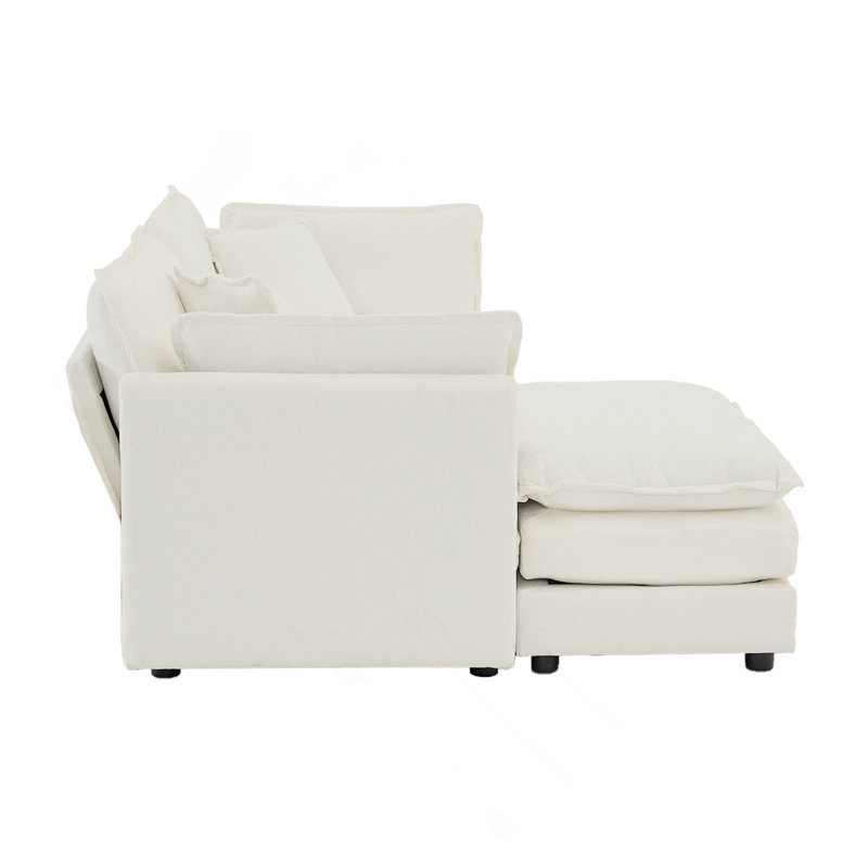 Canapé à deux places en chenille avec 1 repose-pieds, canapé modulaire en L avec repose-pieds 2 places, causeuse avec repose-pieds pour petit espace de vie, chenille blanche