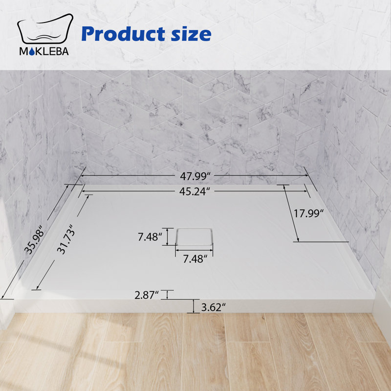 48x36 Inch WHite Rectangle Acrylic Shower Pan with Drain Center Wear Resistant Waterproof Tray for Bath Remodel