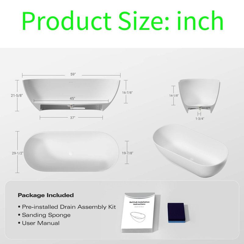 Baignoire autoportante en résine acrylique de 59 po avec trop-plein, baignoire ovale moderne, capacité de 66 gallons, conception ergonomique, surface non poreuse résistante aux égratignures, blanc