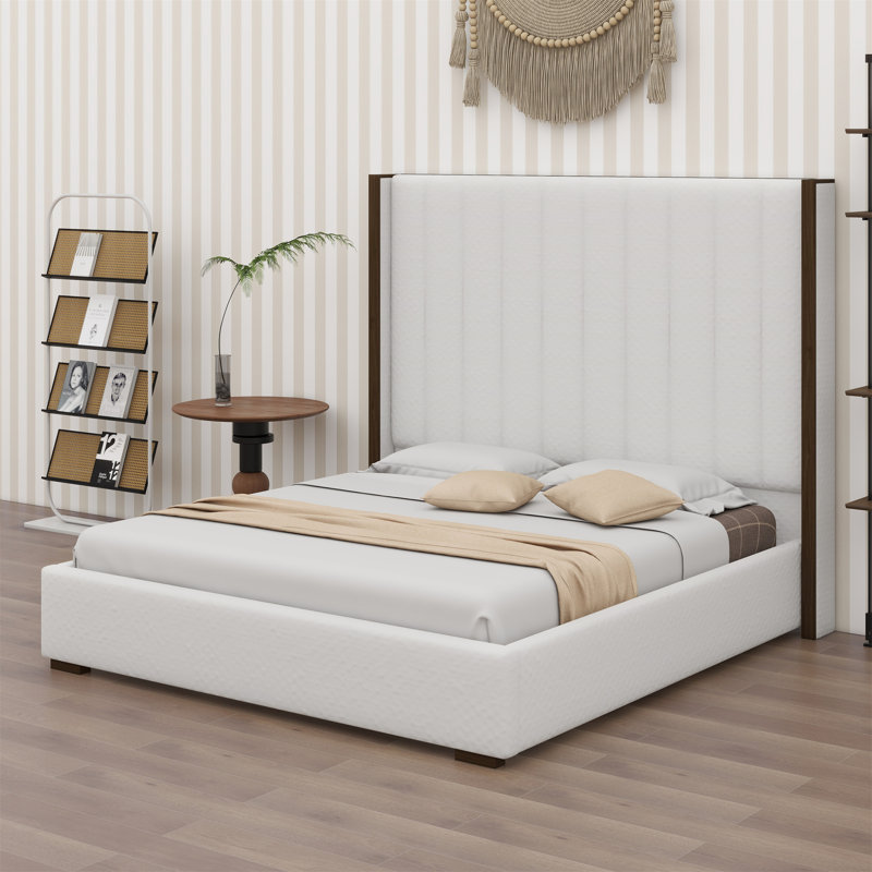 Tall Headboard Upholstered Bed With Vertical Striped And Wingback Design