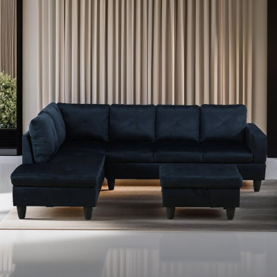 103" Ember Midnight Blue Microfiber 3-Piece Left Facing Sectional Sofa Set With Chaise And Storage Ottoman