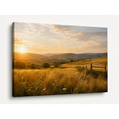 Golden Meadow Sunset - Countryside Field Landscape on Wrapped Canvas Wall Art