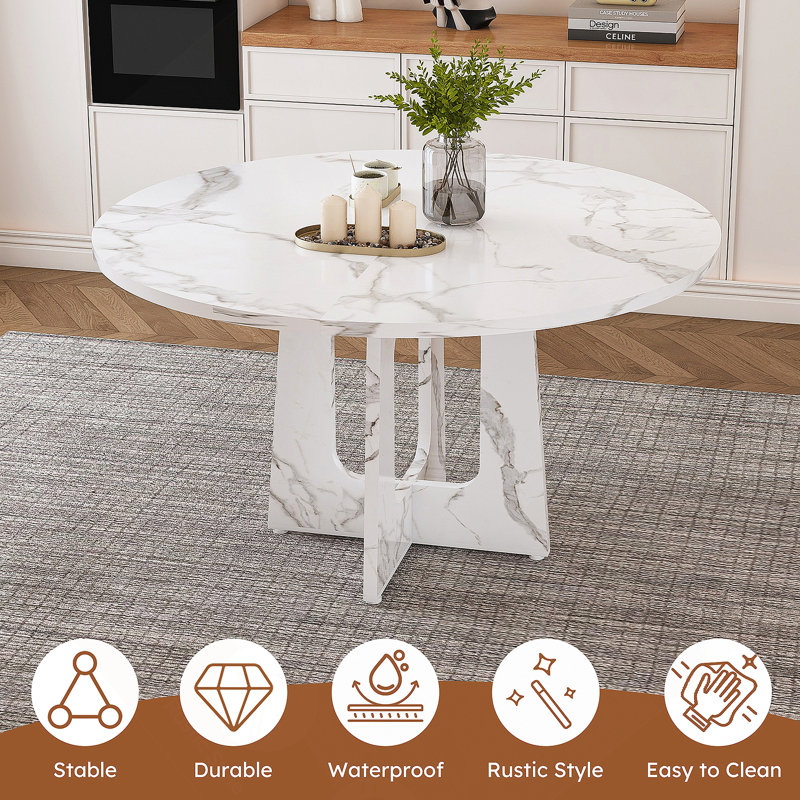 47.24" Round Dining Table for 4 - Farmhouse MDF Table with Marble White Finish, 300lb Capacity, Easy Assembly for Kitchen/Dining Room - Modern Spiced Table