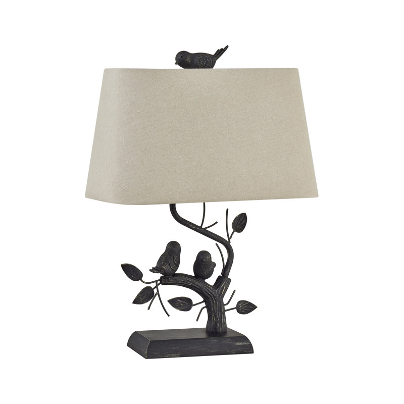 22" Bronze Resin Table Lamp With Birds And Rectangle Linen Shade, Beige, Brown